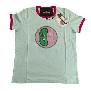 Marc Jacobs Ringer‎ T Shirt Pickle "Dill With It" Graphic Aqua Pink Size S NEW